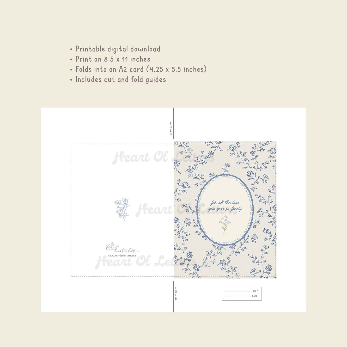 For All The Love You Give So Freely — Printable Mother's Day Card | Blue Floral Toile Design