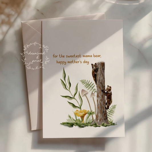 For the Sweetest Mama Bear — Printable Mother's Day Card | Watercolor Wildlife Design