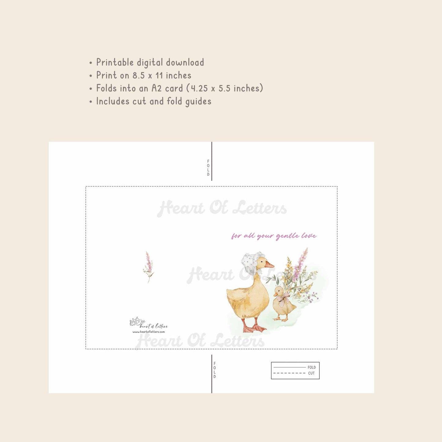 For All Your Gentle Love — Printable Mother's Day Card | Watercolor Mama Duck Design